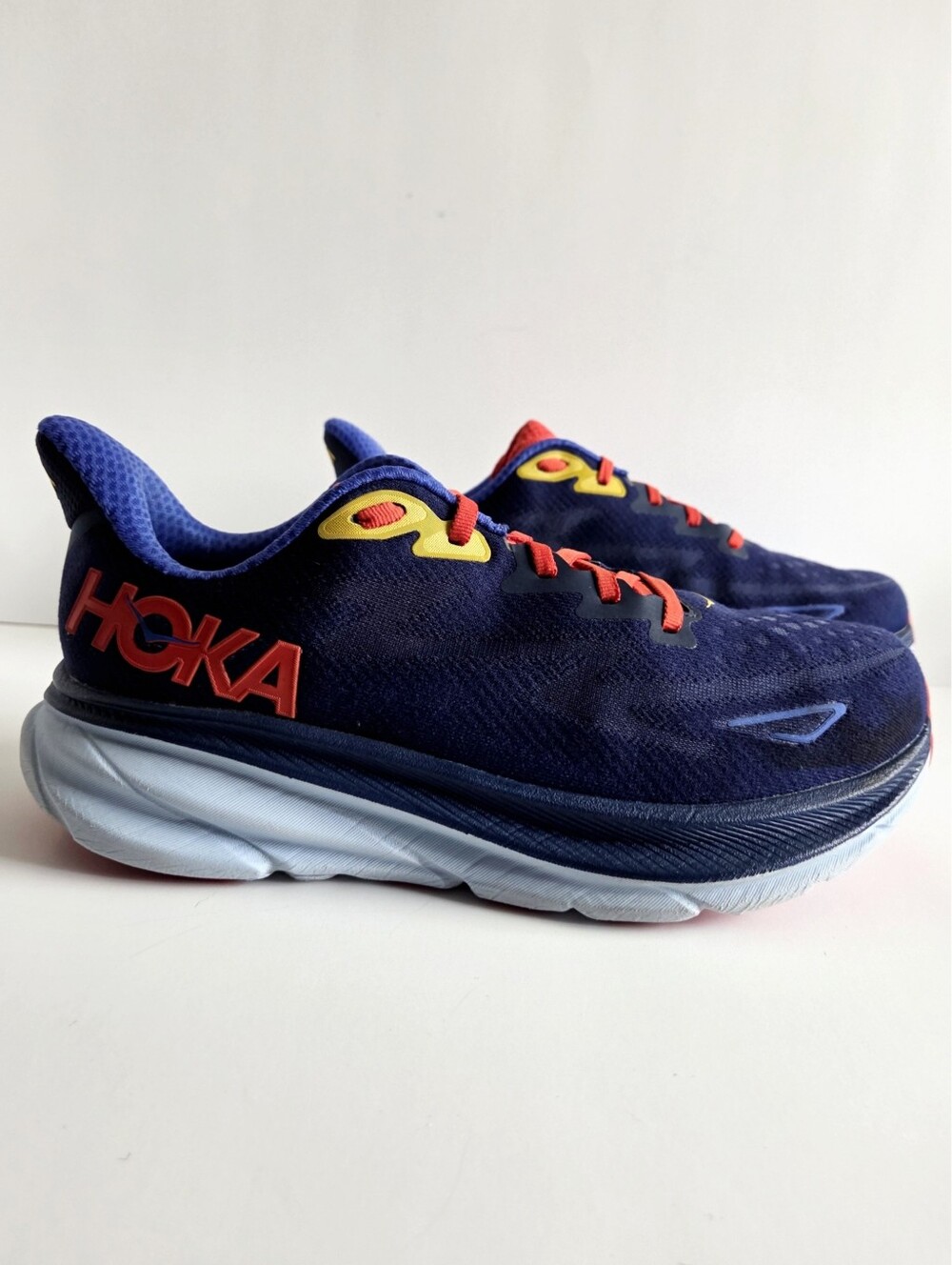 Hoka (8 Wide) Clifton 9 Road Running Shoes, Navy Blue Orange & Yellow - Picture 5 of 15